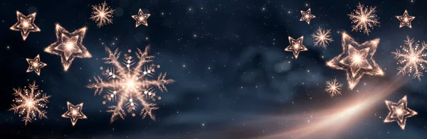 金の星と雪のフレーク お祝いのライトと抽象的な黄金のクリスマスの装飾と暗いお祝いの背景 新年の抽象化 魔法の休日の雰囲気 — ストック写真