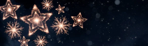 Fundo Festivo Escuro Com Estrela Ouro Floco Neve Neve Decoração — Fotografia de Stock