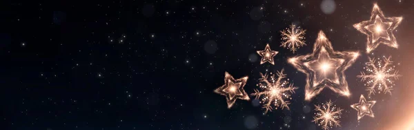 Fondo Festivo Oscuro Con Estrella Dorada Copo Nieve Nieve Decoración —  Fotos de Stock