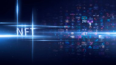 Kolaj NFT jetonuyla imzalandı. Soyut NFT kolajı. İLK 5000 GÜN İLK. Dijital sanat, üç boyutlu çizimler. NFT kavramı, ışık ışınları, neon. 