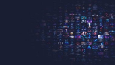 Kolaj NFT jetonuyla imzalandı. Soyut NFT kolajı. İLK 5000 GÜN İLK. Dijital sanat, üç boyutlu çizimler. NFT kavramı, ışık ışınları, neon. 