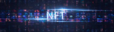 Kolaj NFT jetonuyla imzalandı. Soyut NFT kolajı. İLK 5000 GÜN İLK. Dijital sanat, üç boyutlu çizimler. NFT kavramı, ışık ışınları, neon. 