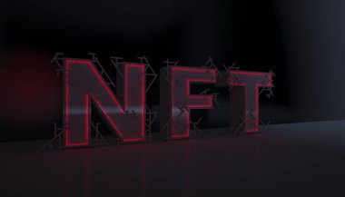 Soyutlama NFT jetonuyla imzalandı. Soyut NFT kolajı. İLK 5000 GÜN İLK. Hacimli harfler, yazılar, afişler. Dijital sanat, set NFT konsepti, ışık ışınları, neon. 3d