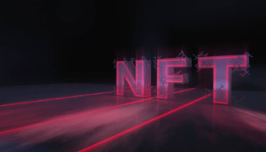 Soyutlama NFT jetonuyla imzalandı. Soyut NFT kolajı. İLK 5000 GÜN İLK. Hacimli harfler, yazılar, afişler. Dijital sanat, set NFT konsepti, ışık ışınları, neon. 3d