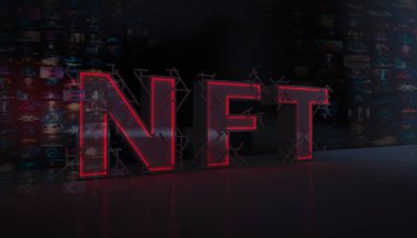 Soyutlama NFT jetonuyla imzalandı. Soyut NFT kolajı. İLK 5000 GÜN İLK. Hacimli harfler, yazılar, afişler. Dijital sanat, set NFT konsepti, ışık ışınları, neon. 3d