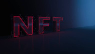 Soyutlama NFT jetonuyla imzalandı. Soyut NFT kolajı. İLK 5000 GÜN İLK. Hacimli harfler, yazılar, afişler. Dijital sanat, set NFT konsepti, ışık ışınları, neon. 3d