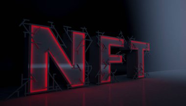 Soyutlama NFT jetonuyla imzalandı. Soyut NFT kolajı. İLK 5000 GÜN İLK. Hacimli harfler, yazılar, afişler. Dijital sanat, set NFT konsepti, ışık ışınları, neon. 3d