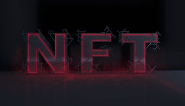Soyutlama NFT jetonuyla imzalandı. Soyut NFT kolajı. İLK 5000 GÜN İLK. Hacimli harfler, yazılar, afişler. Dijital sanat, set NFT konsepti, ışık ışınları, neon. 3d