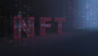 Soyutlama NFT jetonuyla imzalandı. Soyut NFT kolajı. İLK 5000 GÜN İLK. Hacimli harfler, yazılar, afişler. Dijital sanat, set NFT konsepti, ışık ışınları, neon. 3d