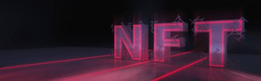 Soyutlama NFT jetonuyla imzalandı. Soyut NFT kolajı. İLK 5000 GÜN İLK. Hacimli harfler, yazılar, afişler. Dijital sanat, set NFT konsepti, ışık ışınları, neon. 3d