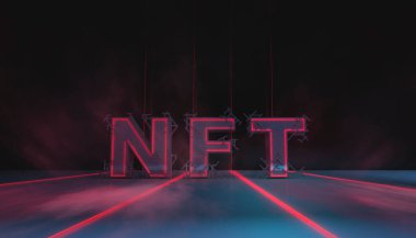 Soyutlama NFT jetonuyla imzalandı. Soyut NFT kolajı. İLK 5000 GÜN İLK. Hacimli harfler, yazılar, afişler. Dijital sanat, set NFT konsepti, ışık ışınları, neon. 3d