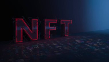 Soyutlama NFT jetonuyla imzalandı. Soyut NFT kolajı. İLK 5000 GÜN İLK. Hacimli harfler, yazılar, afişler. Dijital sanat, set NFT konsepti, ışık ışınları, neon. 3d