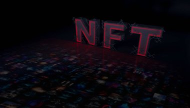Soyutlama NFT jetonuyla imzalandı. Soyut NFT kolajı. İLK 5000 GÜN İLK. Hacimli harfler, yazılar, afişler. Dijital sanat, set NFT konsepti, ışık ışınları, neon. 3d