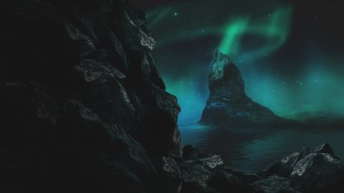 Gelecekçi fantezi manzarası, gezegenli bilim kurgu manzarası, neon ışığı, soğuk gezegen. Metaverse. Galaksi, bilinmeyen gezegen. Suda ışık yansıması olan karanlık doğal bir sahne. Neon uzay galaksisi portalı.