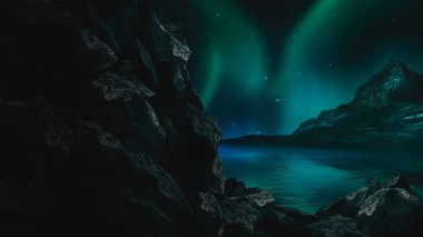 Gelecekçi fantezi manzarası, gezegenli bilim kurgu manzarası, neon ışığı, soğuk gezegen. Metaverse. Galaksi, bilinmeyen gezegen. Suda ışık yansıması olan karanlık doğal bir sahne. Neon uzay galaksisi portalı.