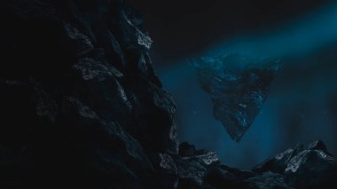 Gelecekçi fantezi manzarası, gezegenli bilim kurgu manzarası, neon ışığı, soğuk gezegen. Metaverse. Galaksi, bilinmeyen gezegen. Suda ışık yansıması olan karanlık doğal bir sahne. Neon uzay galaksisi portalı.