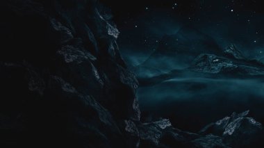 Gelecekçi fantezi manzarası, gezegenli bilim kurgu manzarası, neon ışığı, soğuk gezegen. Metaverse. Galaksi, bilinmeyen gezegen. Suda ışık yansıması olan karanlık doğal bir sahne. Neon uzay galaksisi portalı.