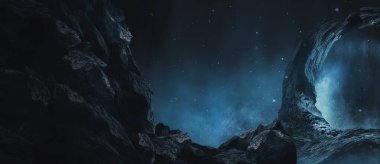 Gelecekçi fantezi manzarası, gezegenli bilim kurgu manzarası, neon ışığı, soğuk gezegen. Metaverse. Galaksi, bilinmeyen gezegen. Suda ışık yansıması olan karanlık doğal bir sahne. Neon uzay galaksisi portalı.