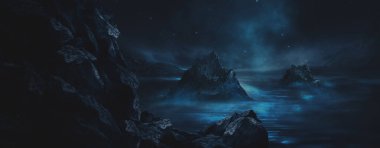 Gelecekçi fantezi manzarası, gezegenli bilim kurgu manzarası, neon ışığı, soğuk gezegen. Metaverse. Galaksi, bilinmeyen gezegen. Suda ışık yansıması olan karanlık doğal bir sahne. Neon uzay galaksisi portalı.