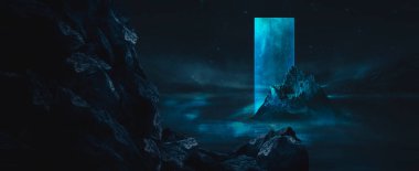 Gelecekçi fantezi manzarası, gezegenli bilim kurgu manzarası, neon ışığı, soğuk gezegen. Metaverse. Galaksi, bilinmeyen gezegen. Suda ışık yansıması olan karanlık doğal bir sahne. Neon uzay galaksisi portalı.