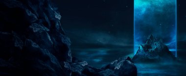 Gelecekçi fantezi manzarası, gezegenli bilim kurgu manzarası, neon ışığı, soğuk gezegen. Metaverse. Galaksi, bilinmeyen gezegen. Suda ışık yansıması olan karanlık doğal bir sahne. Neon uzay galaksisi portalı.
