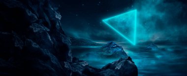 Gelecekçi fantezi manzarası, gezegenli bilim kurgu manzarası, neon ışığı, soğuk gezegen. Metaverse. Galaksi, bilinmeyen gezegen. Suda ışık yansıması olan karanlık doğal bir sahne. Neon uzay galaksisi portalı.