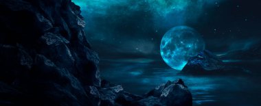 Gelecekçi fantezi manzarası, gezegenli bilim kurgu manzarası, neon ışığı, soğuk gezegen. Metaverse. Galaksi, bilinmeyen gezegen. Suda ışık yansıması olan karanlık doğal bir sahne. Neon uzay galaksisi portalı.