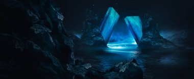Gelecekçi fantezi manzarası, gezegenli bilim kurgu manzarası, neon ışığı, soğuk gezegen. Metaverse. Galaksi, bilinmeyen gezegen. Suda ışık yansıması olan karanlık doğal bir sahne. Neon uzay galaksisi portalı.
