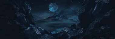 Gelecekçi fantezi manzarası, gezegenli bilim kurgu manzarası, neon ışığı, soğuk gezegen. Metaverse. Galaksi, bilinmeyen gezegen. Suda ışık yansıması olan karanlık doğal bir sahne. Neon uzay galaksisi portalı.