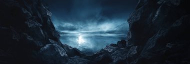 Gelecekçi fantezi manzarası, gezegenli bilim kurgu manzarası, neon ışığı, soğuk gezegen. Metaverse. Galaksi, bilinmeyen gezegen. Suda ışık yansıması olan karanlık doğal bir sahne. Neon uzay galaksisi portalı.