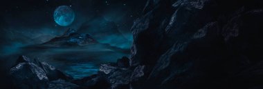 Gelecekçi fantezi manzarası, gezegenli bilim kurgu manzarası, neon ışığı, soğuk gezegen. Metaverse. Galaksi, bilinmeyen gezegen. Suda ışık yansıması olan karanlık doğal bir sahne. Neon uzay galaksisi portalı.