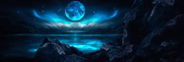 Gelecekçi fantezi manzarası, gezegenli bilim kurgu manzarası, neon ışığı, soğuk gezegen. Metaverse. Galaksi, bilinmeyen gezegen. Suda ışık yansıması olan karanlık doğal bir sahne. Neon uzay galaksisi portalı.