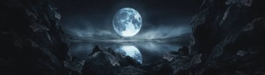 Gelecekçi fantezi manzarası, gezegenli bilim kurgu manzarası, neon ışığı, soğuk gezegen. Metaverse. Galaksi, bilinmeyen gezegen. Suda ışık yansıması olan karanlık doğal bir sahne. Neon uzay galaksisi portalı.