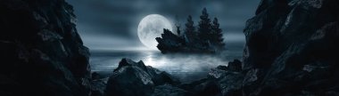 Gelecekçi fantezi manzarası, gezegenli bilim kurgu manzarası, neon ışığı, soğuk gezegen. Metaverse. Galaksi, bilinmeyen gezegen. Suda ışık yansıması olan karanlık doğal bir sahne. Neon uzay galaksisi portalı.