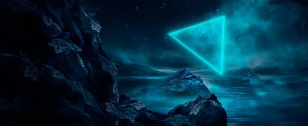 未来的なファンタジーの風景 ネオンライト 冷たい惑星とSfの風景 メタバース 未知の惑星 水の中に光の反射と暗い自然シーン ネオン宇宙銀河ポータル — ストック写真