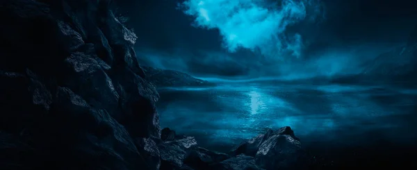 未来的なファンタジーの風景 ネオンライト 冷たい惑星とSfの風景 メタバース 未知の惑星 水の中に光の反射と暗い自然シーン ネオン宇宙銀河ポータル — ストック写真