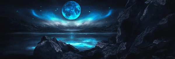 Futurystyczny Krajobraz Fantazji Krajobraz Sci Planetą Neonowe Światło Zimna Planeta — Zdjęcie stockowe
