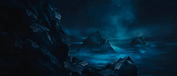 미래의 환상적 지구와 과학적 라이트 차가운 속에서 반사되는 어두운 로열티 프리 스톡 사진