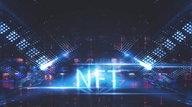 Kolaj NFT jetonuyla imzalandı. Soyut NFT kolajı. İLK 5000 GÜN İLK. Dijital sanat, üç boyutlu çizimler. NFT kavramı, ışık ışınları, mavi neon. 