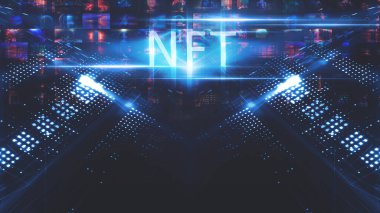 Kolaj NFT jetonuyla imzalandı. Soyut NFT kolajı. İLK 5000 GÜN İLK. Dijital sanat, üç boyutlu çizimler. NFT kavramı, ışık ışınları, mavi neon. 