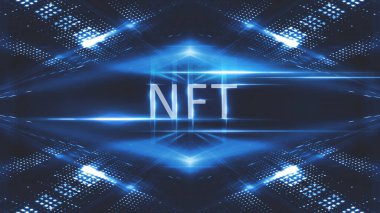 Kolaj NFT jetonuyla imzalandı. Soyut NFT kolajı. İLK 5000 GÜN İLK. Dijital sanat, üç boyutlu çizimler. NFT kavramı, ışık ışınları, mavi neon. 