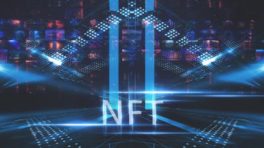 Kolaj NFT jetonuyla imzalandı. Soyut NFT kolajı. İLK 5000 GÜN İLK. Dijital sanat, üç boyutlu çizimler. NFT kavramı, ışık ışınları, mavi neon. 