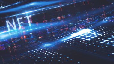 Kolaj NFT jetonuyla imzalandı. Soyut NFT kolajı. İLK 5000 GÜN İLK. Dijital sanat, üç boyutlu çizimler. NFT kavramı, ışık ışınları, mavi neon. 