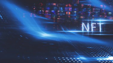 Kolaj NFT jetonuyla imzalandı. Soyut NFT kolajı. İLK 5000 GÜN İLK. Dijital sanat, üç boyutlu çizimler. NFT kavramı, ışık ışınları, mavi neon. 