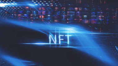 Kolaj NFT jetonuyla imzalandı. Soyut NFT kolajı. İLK 5000 GÜN İLK. Dijital sanat, üç boyutlu çizimler. NFT kavramı, ışık ışınları, mavi neon. 