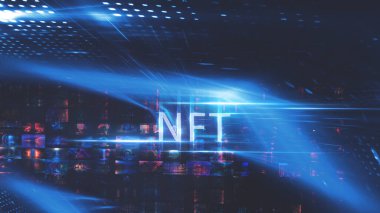 Kolaj NFT jetonuyla imzalandı. Soyut NFT kolajı. İLK 5000 GÜN İLK. Dijital sanat, üç boyutlu çizimler. NFT kavramı, ışık ışınları, mavi neon. 