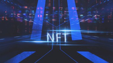 Kolaj NFT jetonuyla imzalandı. Soyut NFT kolajı. İLK 5000 GÜN İLK. Dijital sanat, üç boyutlu çizimler. NFT kavramı, ışık ışınları, mavi neon. 