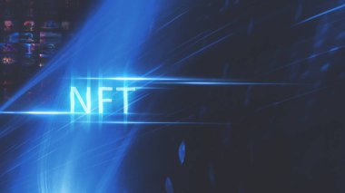 Kolaj NFT jetonuyla imzalandı. Soyut NFT kolajı. İLK 5000 GÜN İLK. Dijital sanat, üç boyutlu çizimler. NFT kavramı, ışık ışınları, mavi neon. 