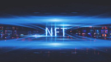 Kolaj NFT jetonuyla imzalandı. Soyut NFT kolajı. İLK 5000 GÜN İLK. Dijital sanat, üç boyutlu çizimler. NFT kavramı, ışık ışınları, mavi neon. 
