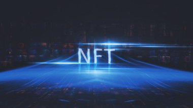 Kolaj NFT jetonuyla imzalandı. Soyut NFT kolajı. İLK 5000 GÜN İLK. Dijital sanat, üç boyutlu çizimler. NFT kavramı, ışık ışınları, mavi neon. 